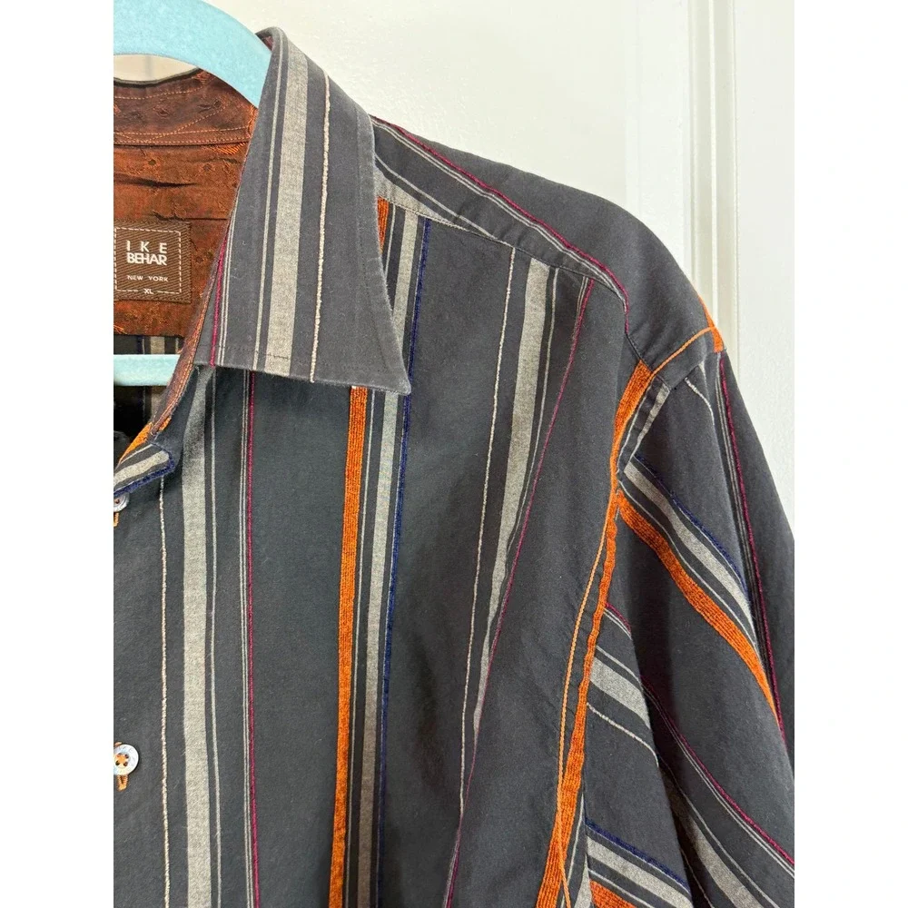 Ike Behar Men's‎ XL Western Button Down Shirt Gray Orange Striped Cowboy Ranch
